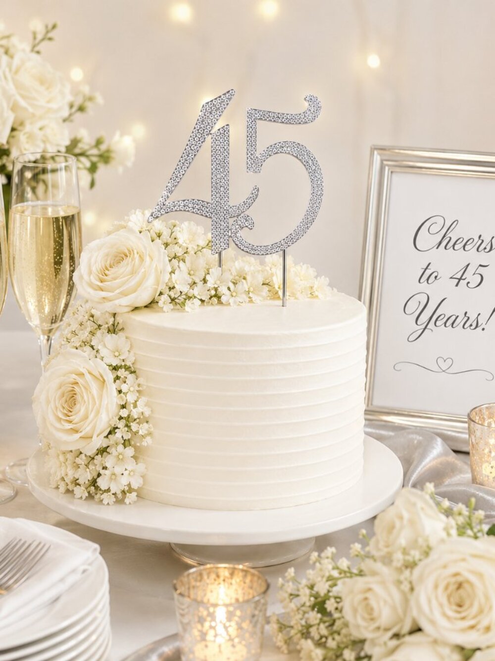 Rhinestone Cake Topper - Number 45 - Silver Metal with Czech Rhinestones